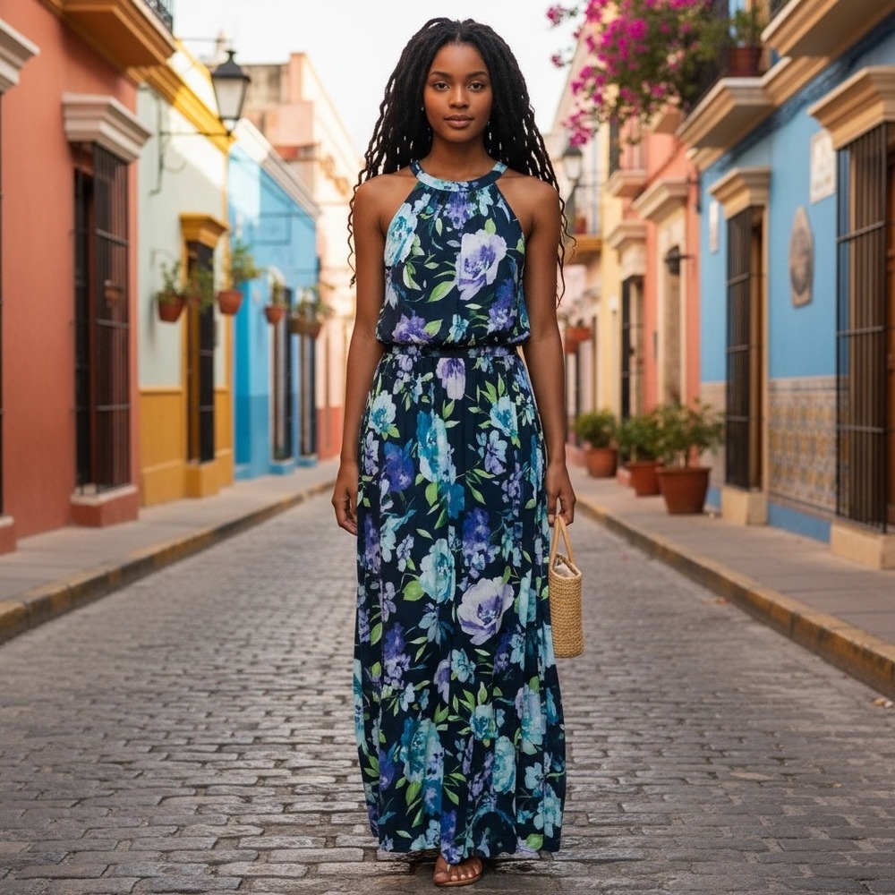SLNY Maxi Dress Womens Floral Chiffon Halter Navy Blue 10 NWT 9171721 Belted